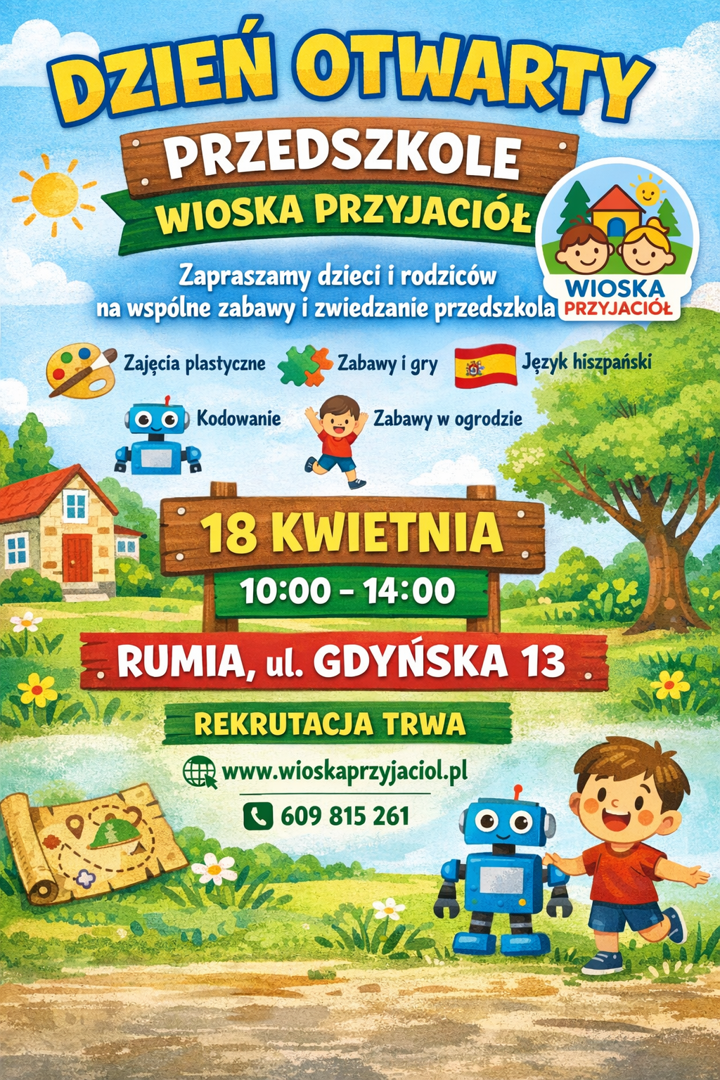 Plakat Dnia Otwartego w Przedszkolu Wioska Przyjaciół w Rumi – 18 kwietnia