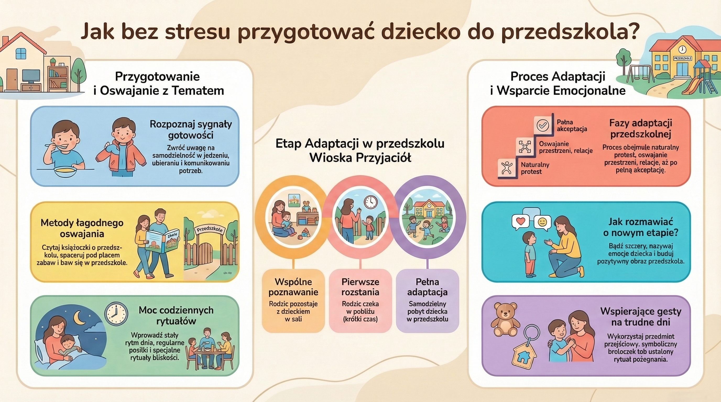 Infografika pokazująca, jak bez stresu przygotować dziecko do przedszkola: gotowość dziecka, rytuały, etapy adaptacji i wsparcie emocjonalne.