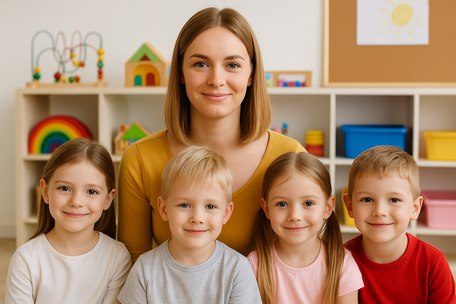 Nauczycielka i dzieci w przedszkolu Wioska Przyjaciół